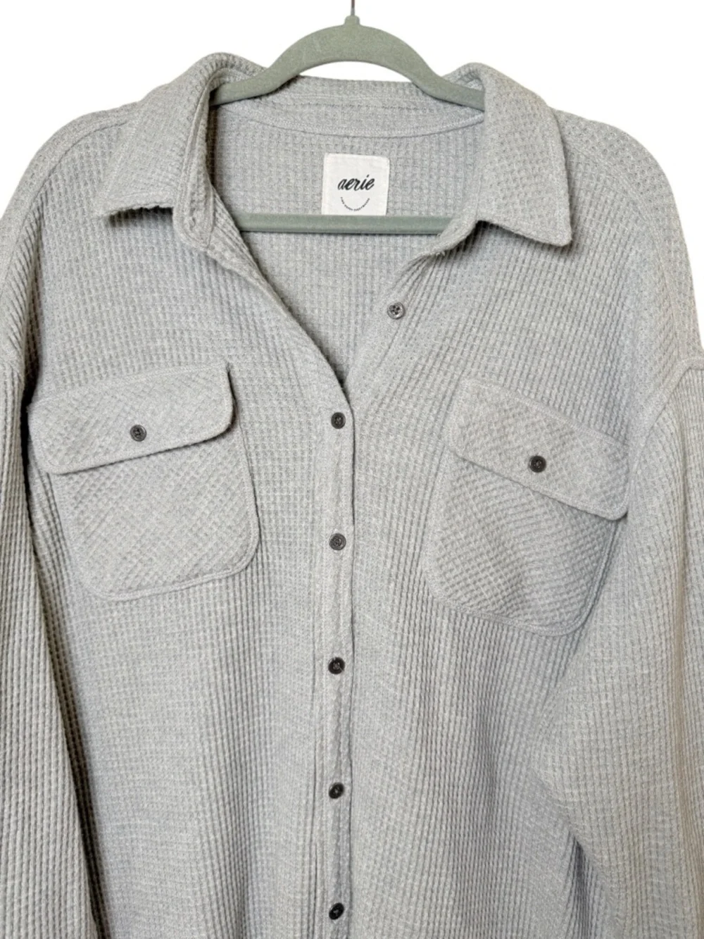 aerie Large LumberJane Waffle Knit Shirt Light Gray Button-Up Shacket - Picture 2 of 10